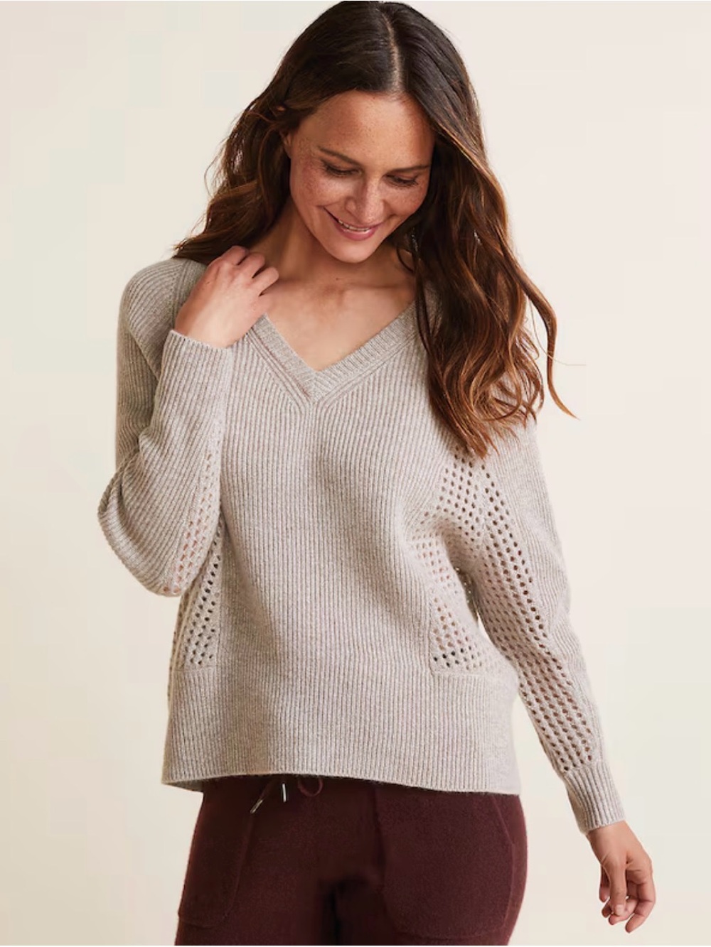 Garnet Hill | Cashmere V Neck Pointelle Knit Sweater
